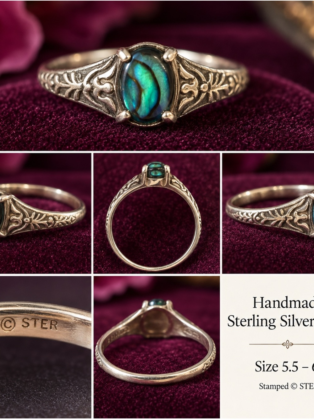 Handmade Sterling Silver Ring with Blue-Green Abalone Stone - Size 5.5